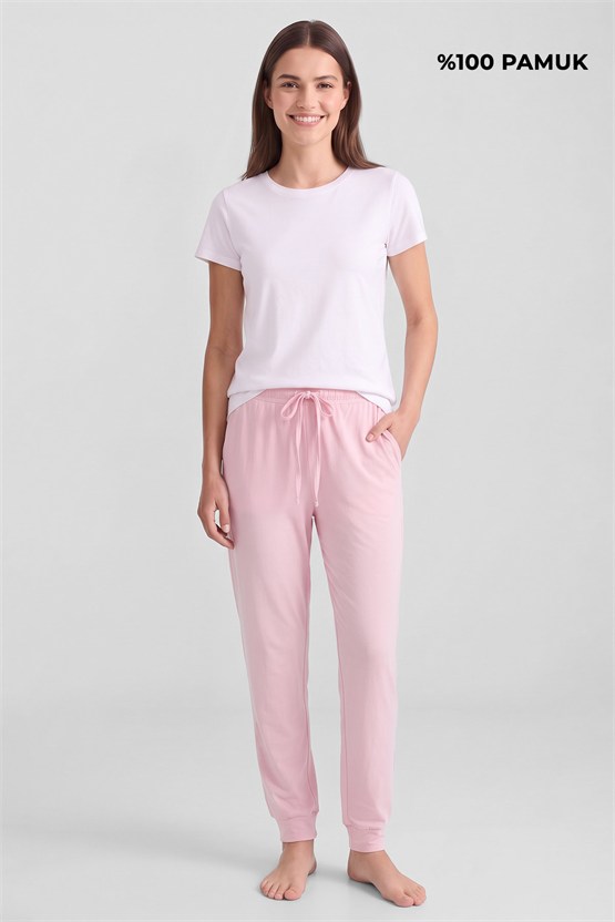 Mısırlı Pamuklu Kadın İkili Alt Pijama Baskılı Lacivert-Pembe