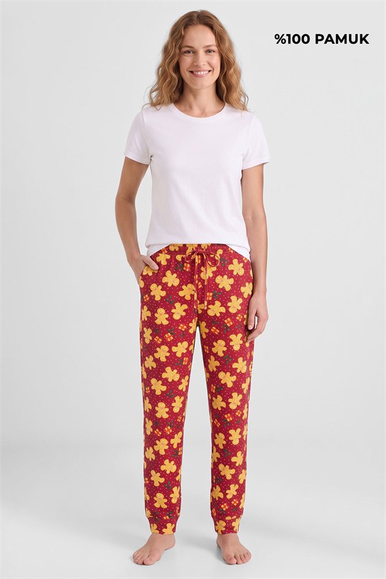 Mısırlı Pamuklu Kadın İkili Alt Pijama Baskılı Kırmızı-Yeşil