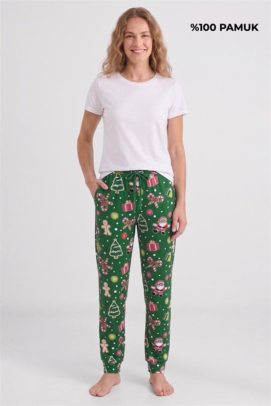 Mısırlı Pamuklu Kadın İkili Alt Pijama Baskılı Yeşil-Bej