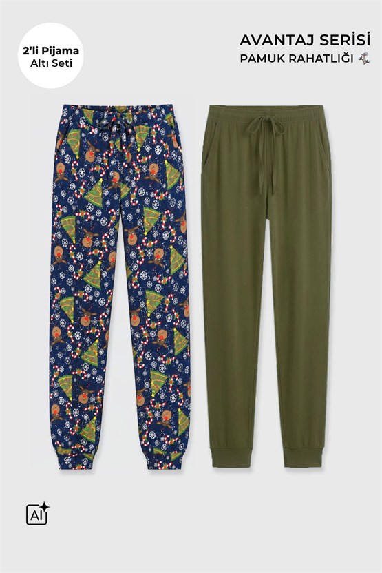Mısırlı Pamuklu Kadın İkili Alt Pijama Baskılı Lacivert-Açık Haki