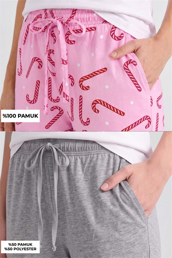 Mısırlı Pamuklu Kadın İkili Alt Pijama Baskılı Pembe-Gri Melanj