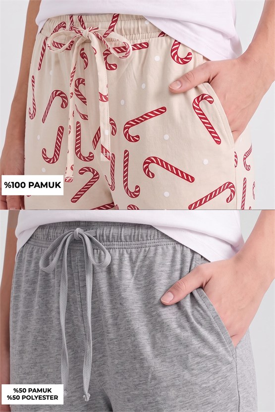 Mısırlı Pamuklu Kadın İkili Alt Pijama Baskılı Ekru-Gri Melanj