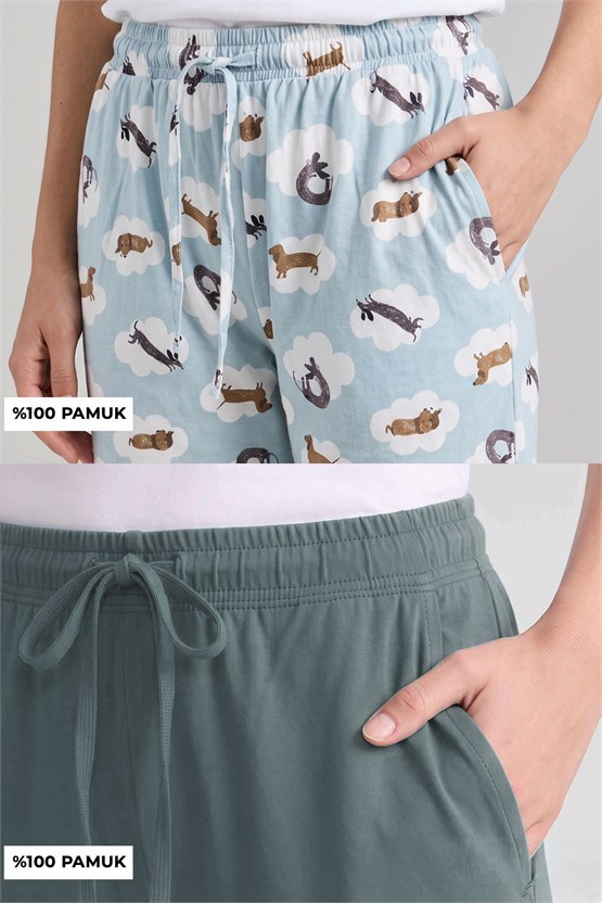 Mısırlı Pamuklu Kadın İkili Alt Pijama Baskılı Mint-Çağla Yeşil