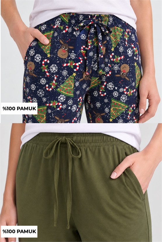 Mısırlı Pamuklu Kadın İkili Alt Pijama Baskılı Lacivert-Açık Haki