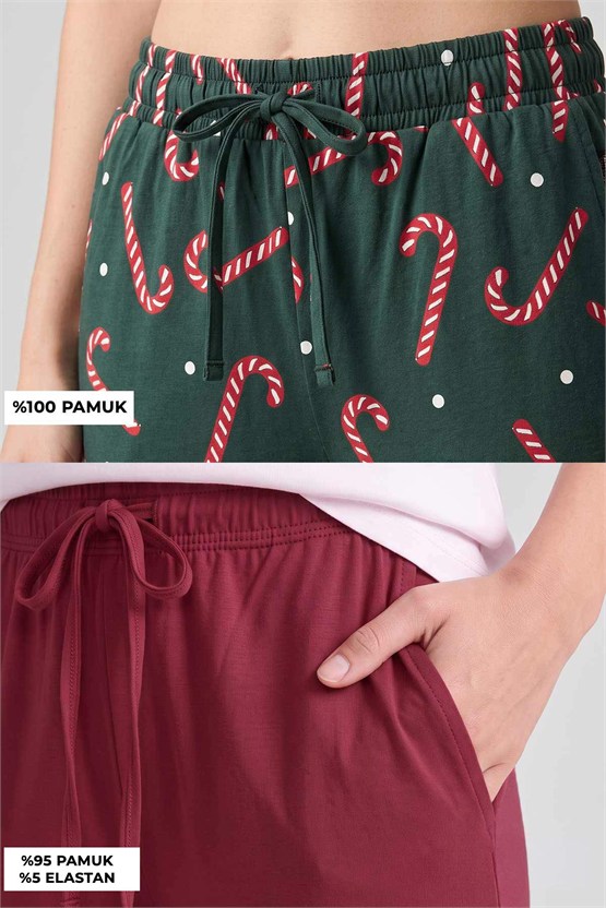 Mısırlı Pamuklu Kadın İkili Alt Pijama Baskılı Yeşil-Kırmızı