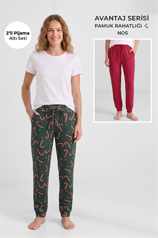 Mısırlı Pamuklu Kadın İkili Alt Pijama Baskılı Yeşil-Kırmızı