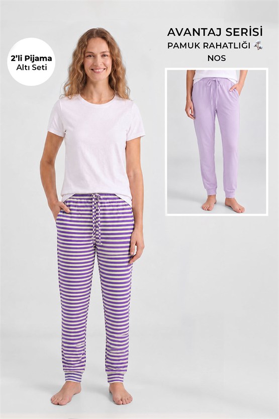Mısırlı Pamuklu Kadın İkili Alt Pijama Çizgili Mor-Açık Leylak
