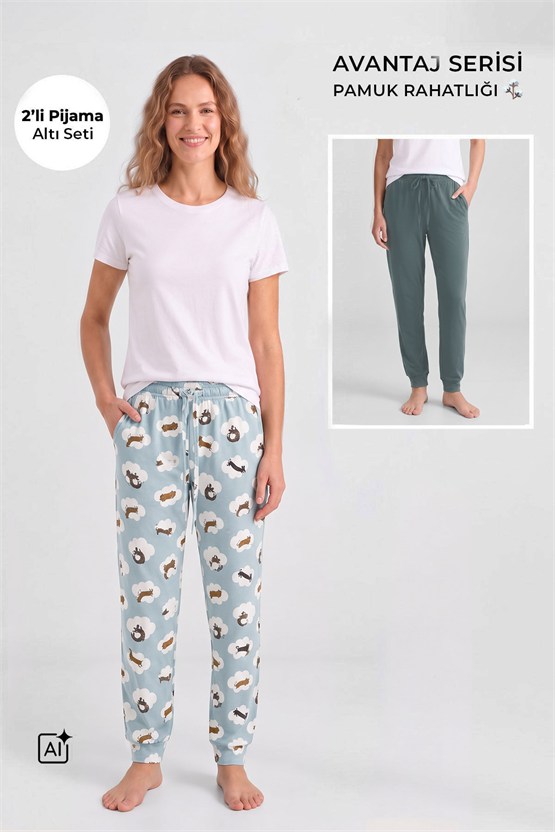 Mısırlı Pamuklu Kadın İkili Alt Pijama Baskılı Mint-Çağla Yeşil