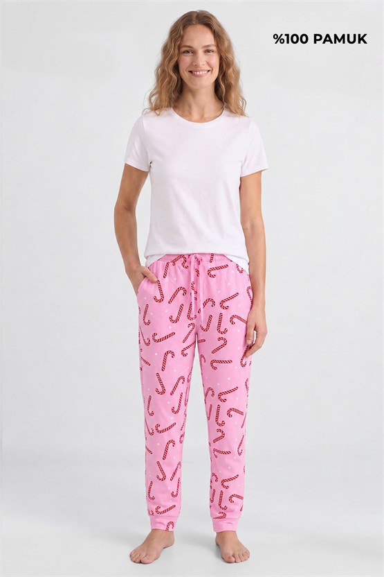Mısırlı Pamuklu Kadın İkili Alt Pijama Baskılı Pembe-Gri Melanj