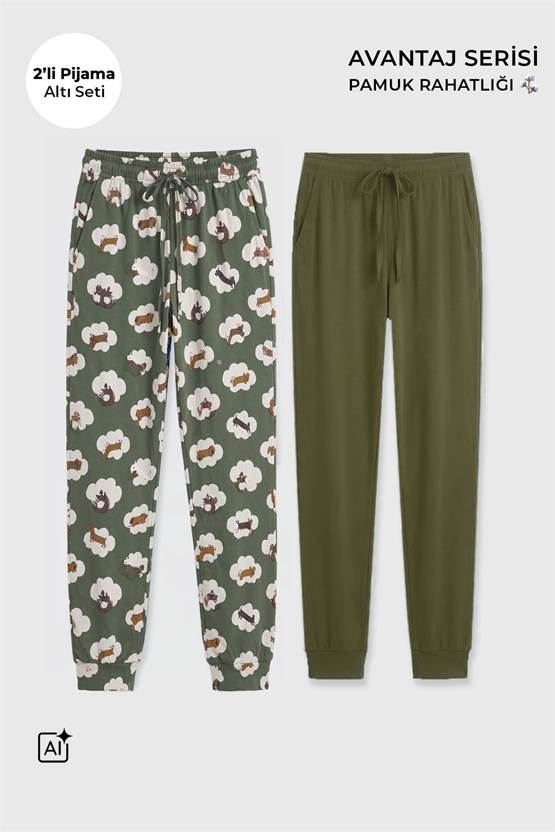 Mısırlı Pamuklu Kadın İkili Alt Pijama Baskılı Ekru-Haki
