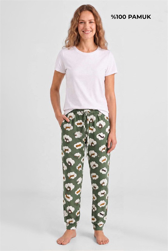 Mısırlı Pamuklu Kadın İkili Alt Pijama Baskılı Ekru-Haki