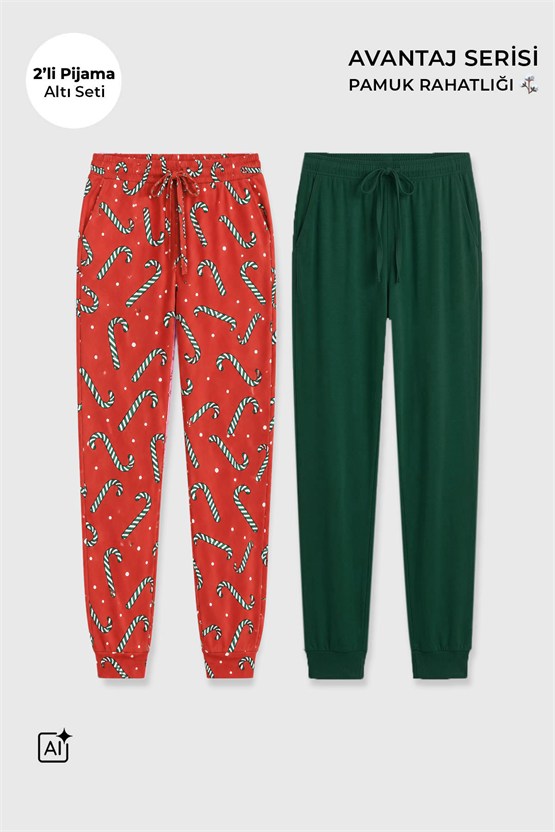 Mısırlı Pamuklu Kadın İkili Alt Pijama Baskılı Oranj-Koyu Yeşil