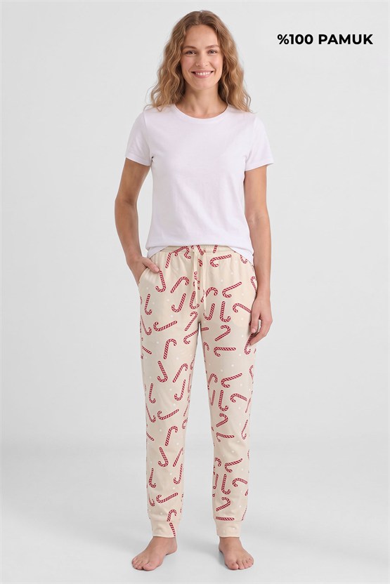 Mısırlı Pamuklu Kadın İkili Alt Pijama Baskılı Ekru-Gri Melanj