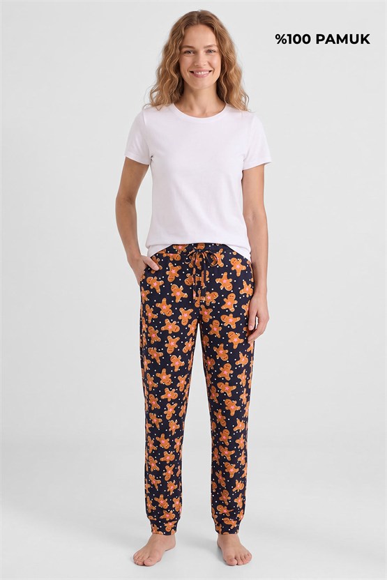 Mısırlı Pamuklu Kadın İkili Alt Pijama Baskılı Lacivert-Pembe