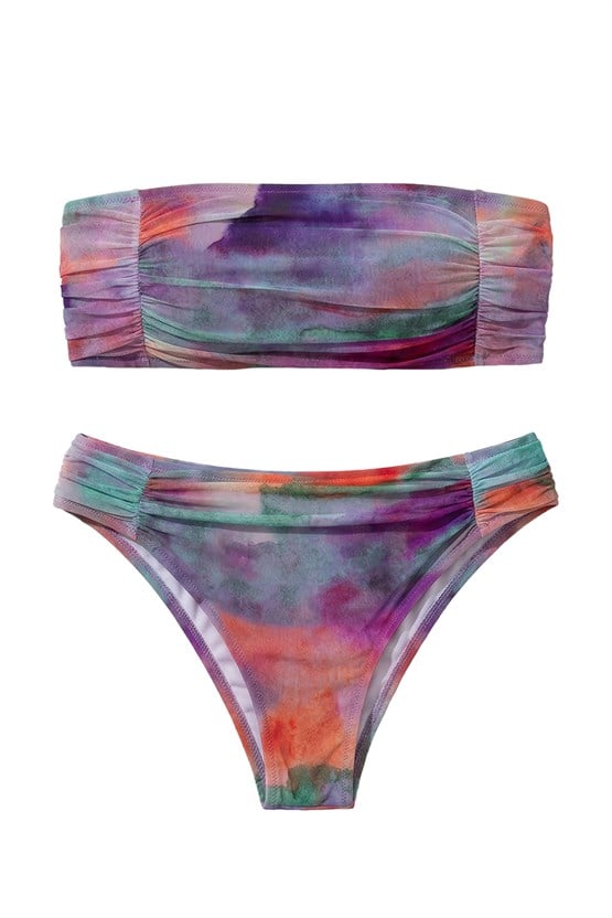 Mısırlı Tül Detaylı Straplez Batik  Brazilian Bikini Takım Mor/Batik