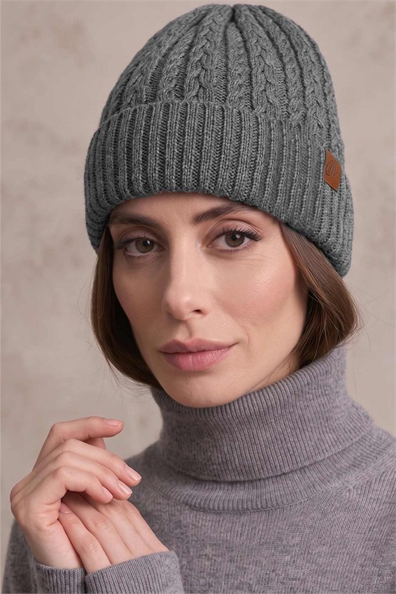 Mısırlı Unisex Alpaka Saç Örgü Kıvırmalı Bere Gri Melanj