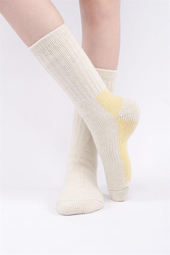 Mısırlı Unisex Alpaka Yünü Havlu Kışlık Soket Çorap Ekru/Sarı