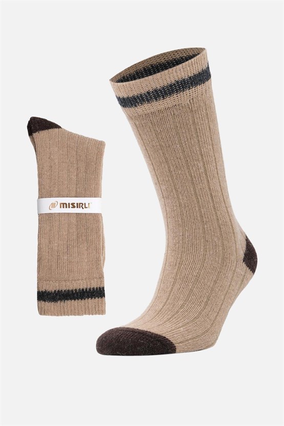 Mısırlı Unisex Alpaka Yünü Kışlık Çemberli Tekli Soket Çorap Bej