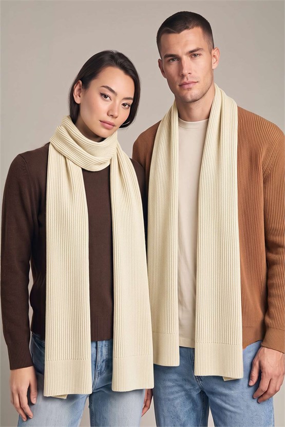Mısırlı Unisex Yün Fitilli Atkı Ekru