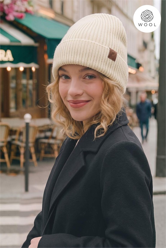 Mısırlı Unisex Yün Fitilli Bere Ekru