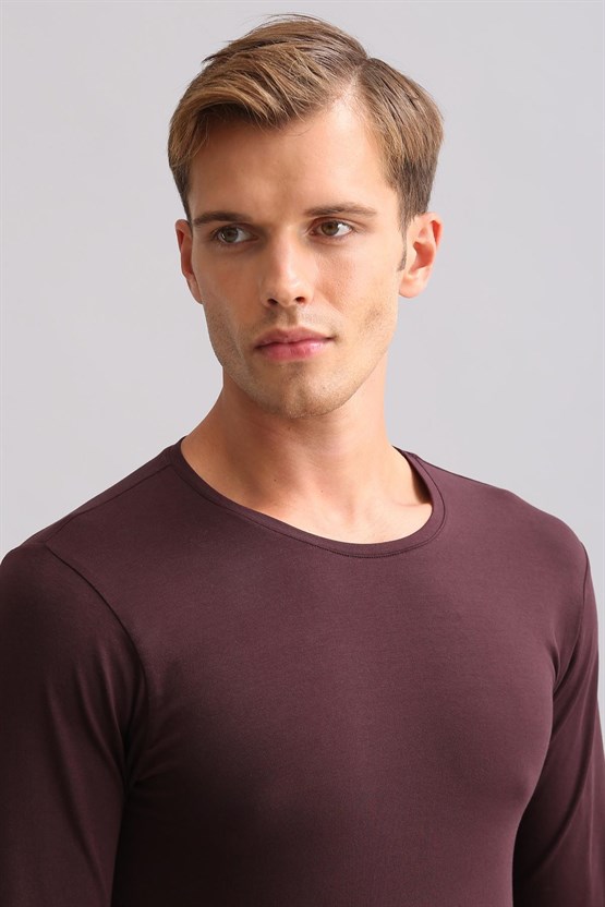ORGANIC Pamuklu HERCULES Slim Fit Bisiklet Yaka Uzun Kollu Erkek Fanila Mor