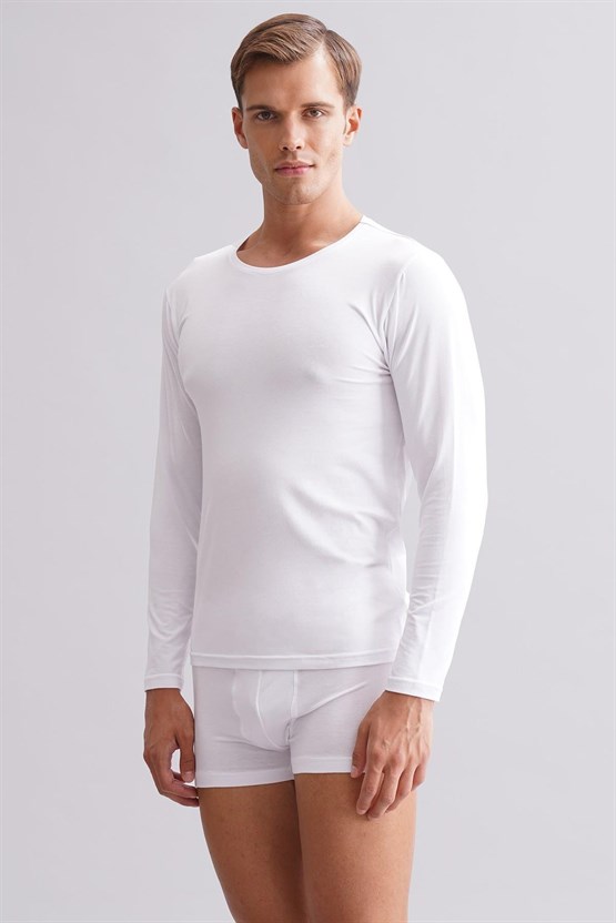 ORGANIC Pamuklu HERCULES Slim Fit Bisiklet Yaka Uzun Kollu Erkek Fanila Beyaz