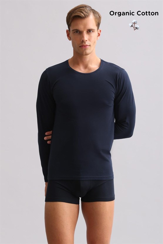 ORGANIC Pamuklu HERCULES Slim Fit Bisiklet Yaka Uzun Kollu Erkek Fanila Lacivert