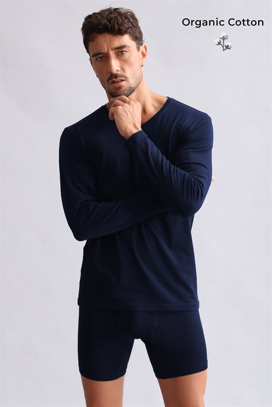 ORGANIC Pamuklu HERCULES Slim Fit V Yaka Uzun Kollu Erkek Fanila Lacivert