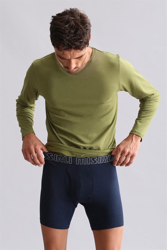 ORGANIC Pamuklu HERCULES Slim Fit V Yaka Uzun Kollu Erkek Fanila Haki