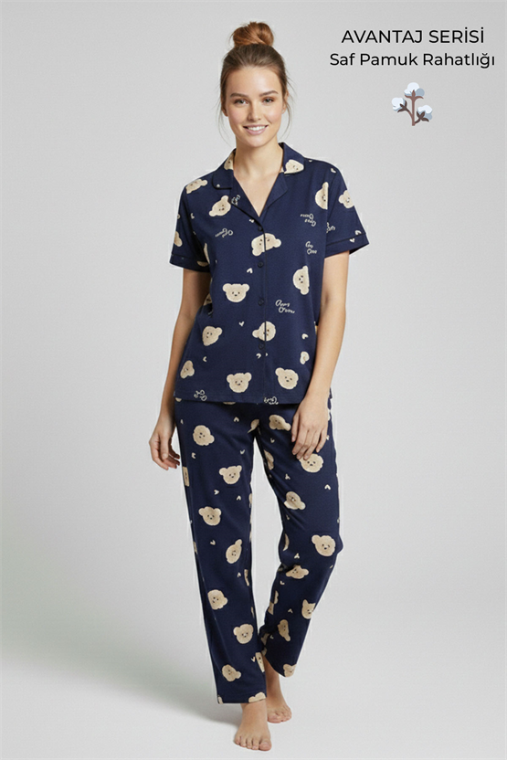 Pamuklu Kısa Kollu Gömlek Pantolon Pijama Takım Lacivert