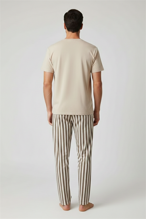 Pamuklu Kısa Kollu Pijama Takım Bej-Kahverengi