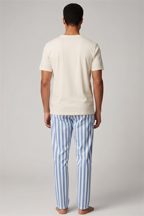 Pamuklu Kısa Kollu Pijama Takım Beyaz-Mavi