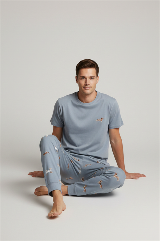 Pamuklu Kısa Kollu Pijama Takım Mavi