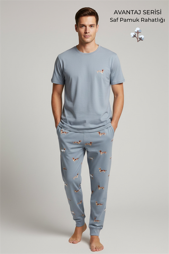 Pamuklu Kısa Kollu Pijama Takım Mavi