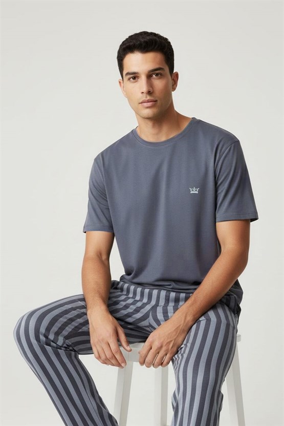 Pamuklu Kısa Kollu Pijama Takım Mavi-Lacivert