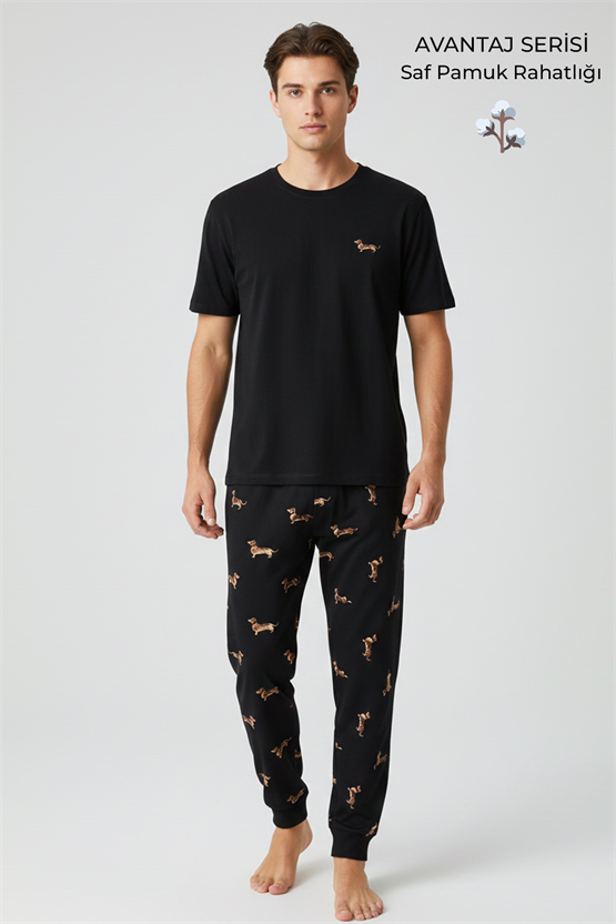 Pamuklu Kısa Kollu Pijama Takım Siyah