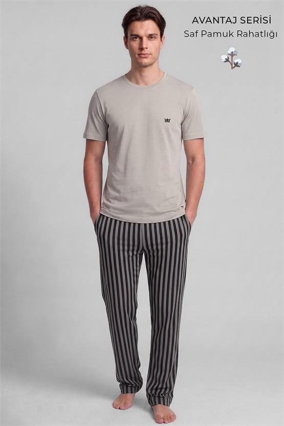 Pamuklu Kısa Kollu Pijama Takım Taş-Siyah Çizgili