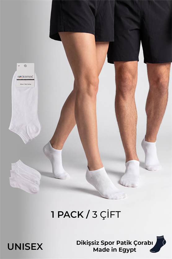 Socksmax Unisex Pamuklu Dikişsiz Üçlü Patik Çorap Beyaz