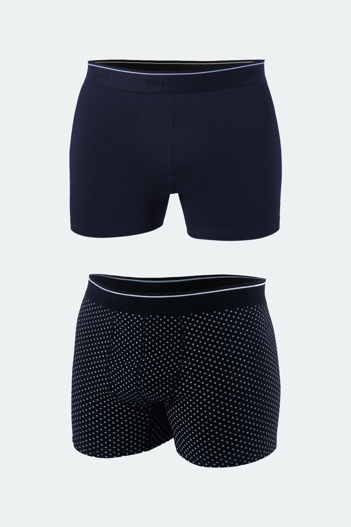Aytuğ Men's Cotton Plain Navy Blue and Patterned 2-pack Boxer - ZMB-3