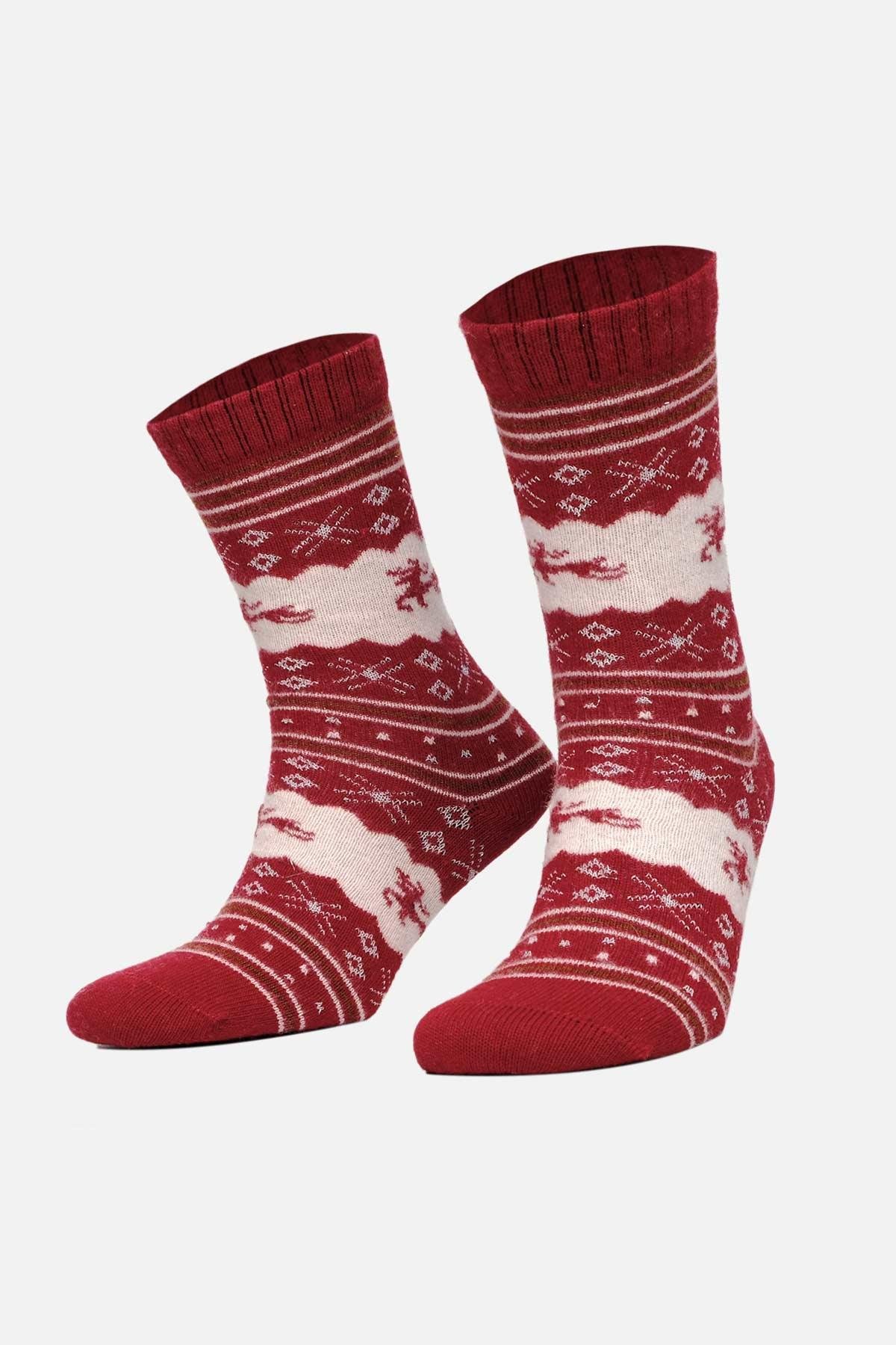 Aytuğ Kadın Kuzu Yünü (Lambswool) Tekli Kırmızı Yılbaşı Temalı Çorap