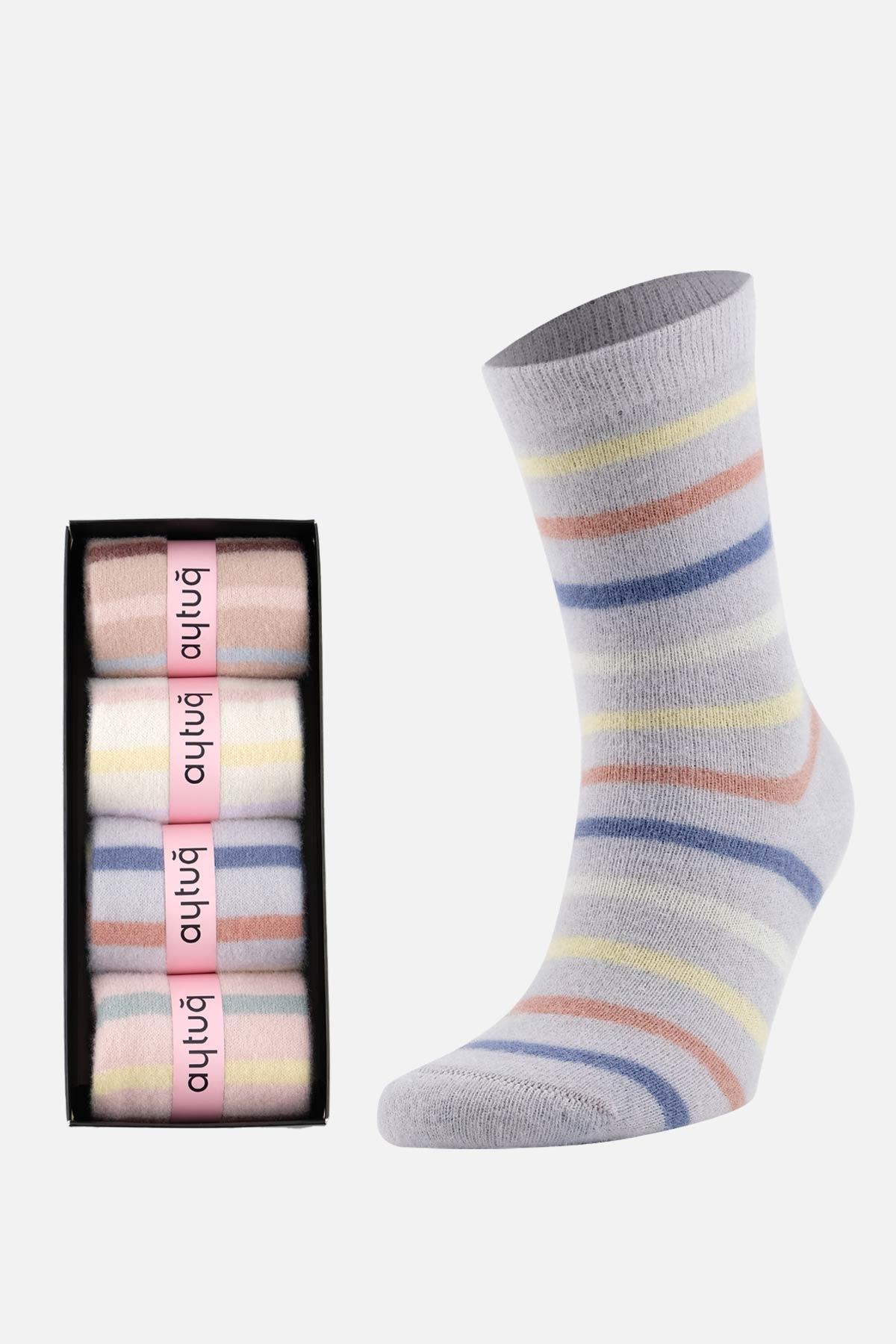 Aytuğ Kadın Pamuklu 4 Çift Özel Kutulu Çok Renkli Soket Uyku Çorabı   48007