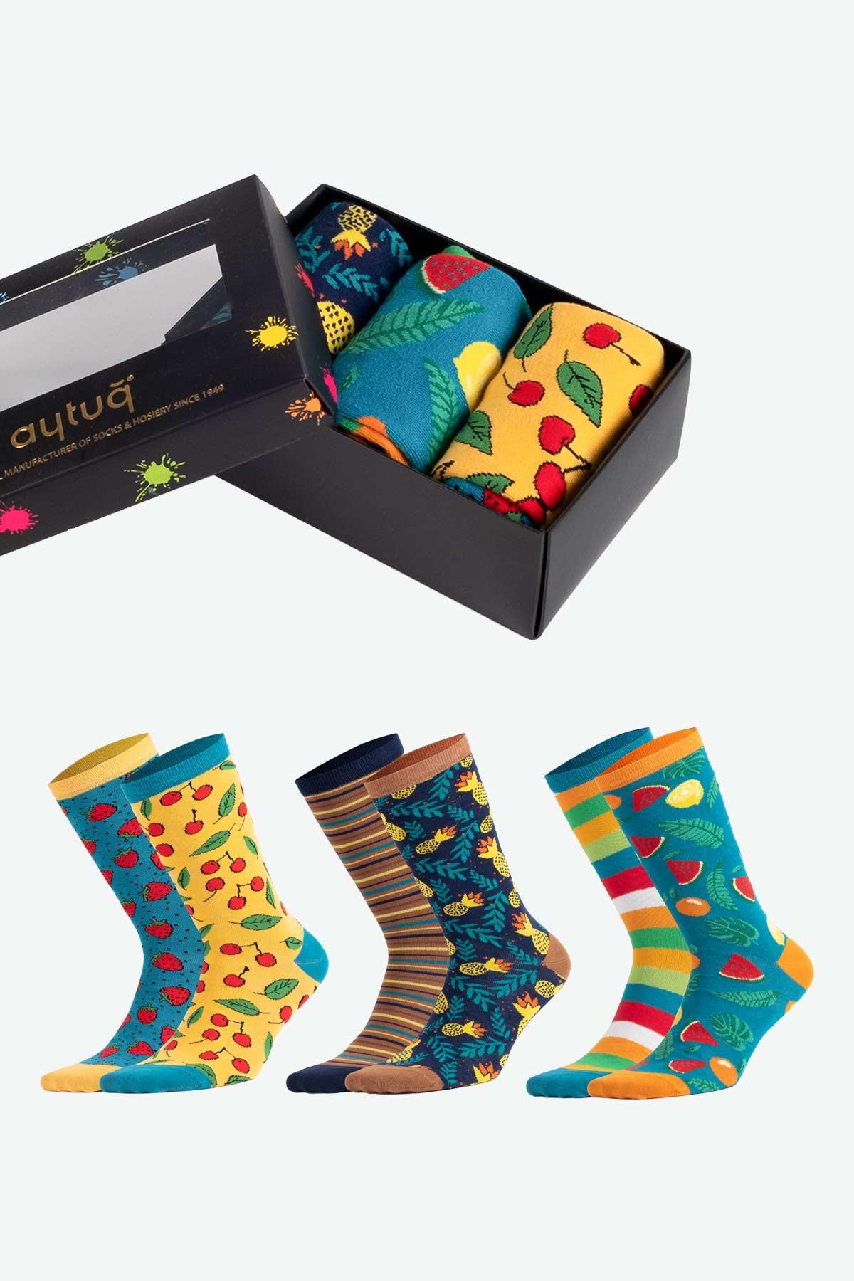 Aytuğ Unisex Pamuklu 3 Çift Meyve Desenli Eğlenceli Soket Çorabı
