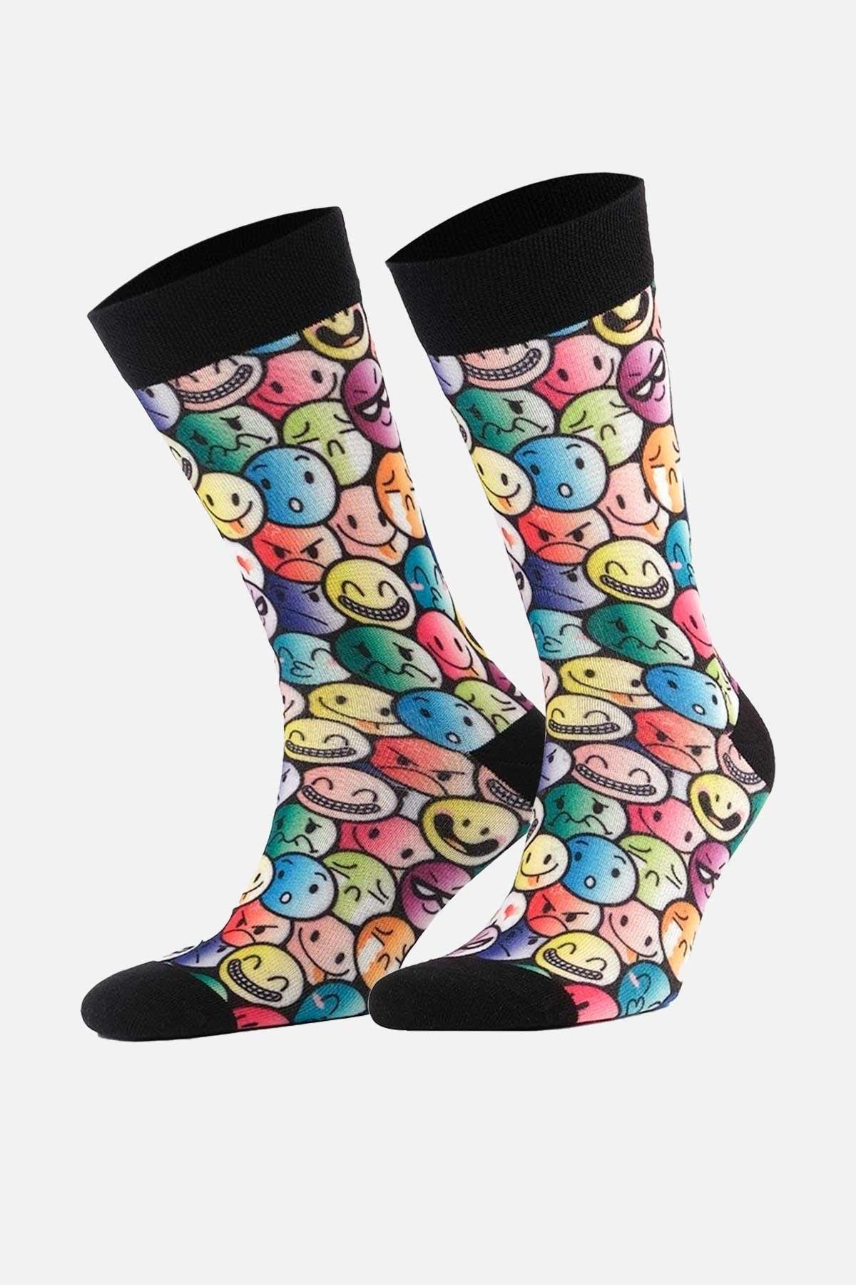 Aytuğ Unisex Pamuklu Emoji Desenli Eğlenceli Soket Çorabı Emoji Desenli