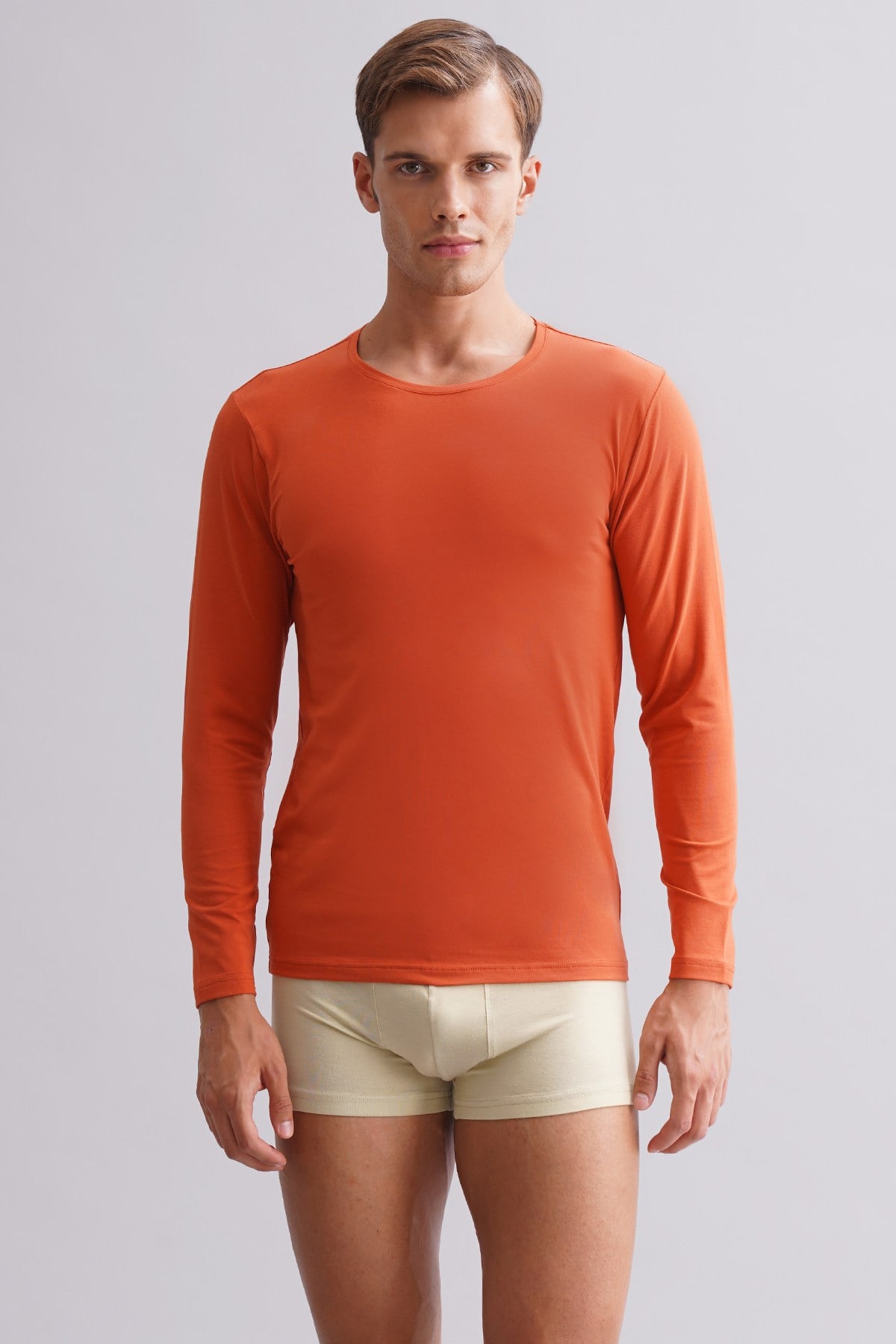 BAMBU HERCULES Slim Fit Bisiklet Yaka Uzun Kollu Erkek Fanila Pas Kırmızısı