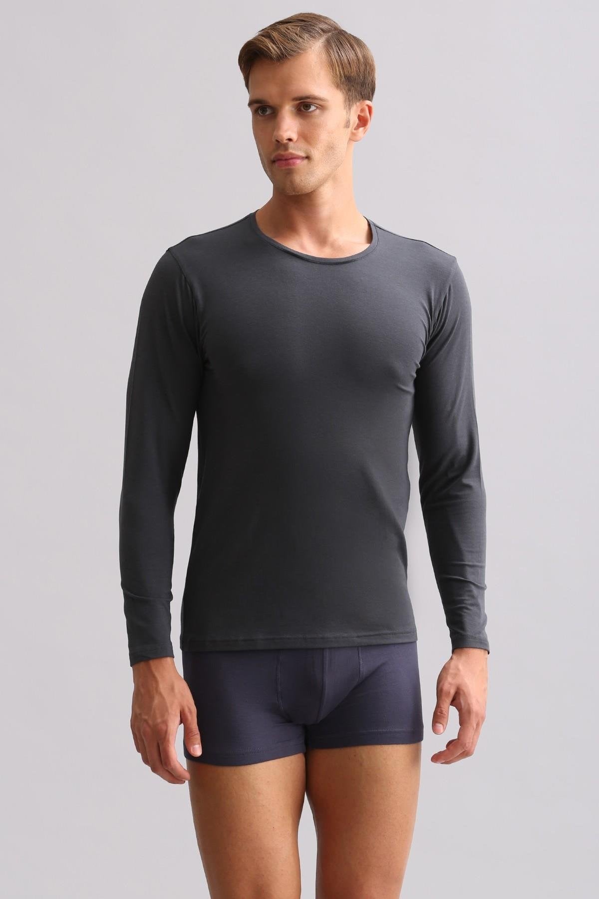 Mısırlı Modal by TENCEL HERCULES Slim Fit Bisiklet Yaka Uzun Kollu Fanila / T-Shirt Antrasit