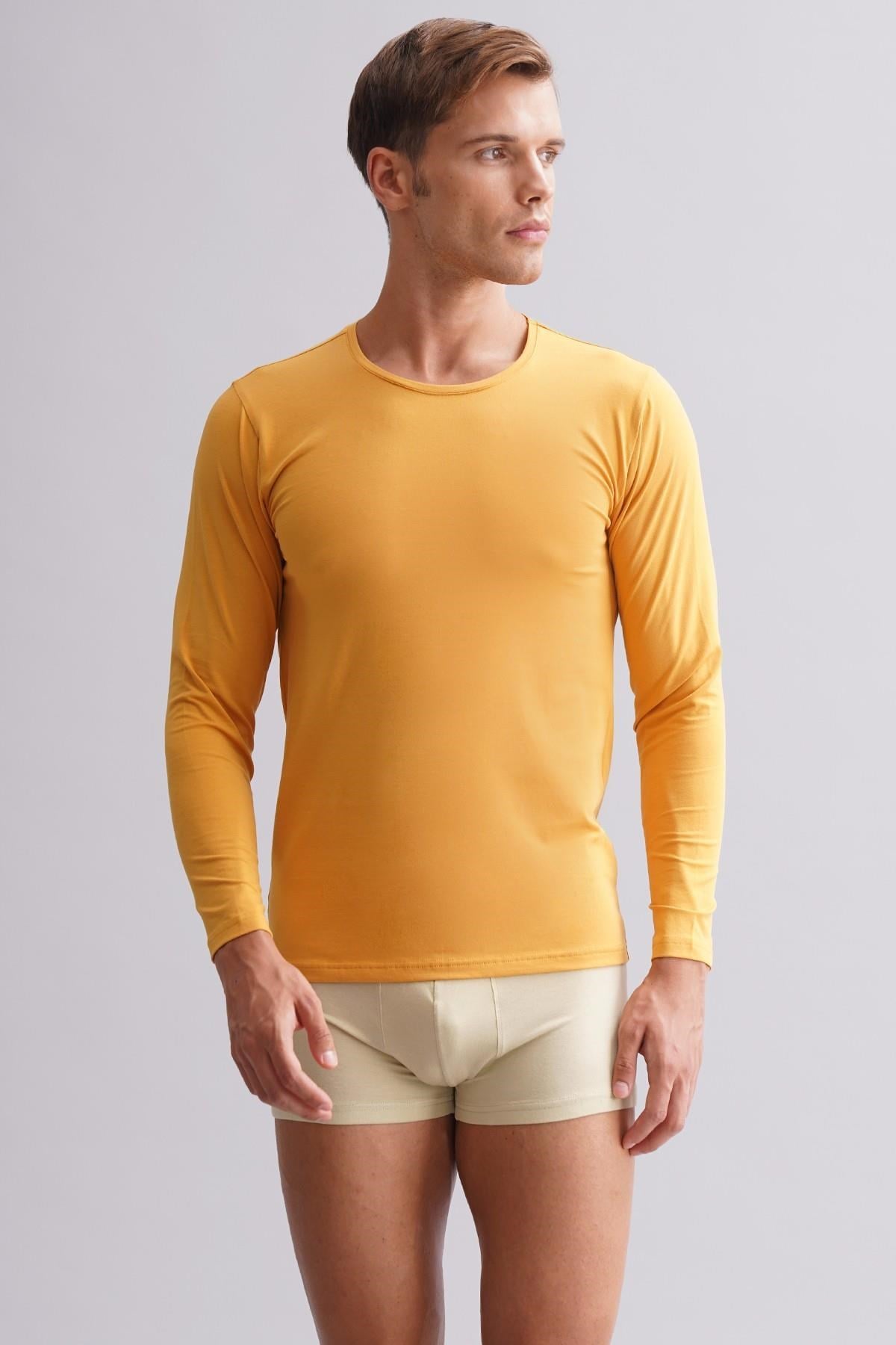 Mısırlı Modal by TENCEL HERCULES Slim Fit Bisiklet Yaka Uzun Kollu Fanila / T-Shirt Hardal