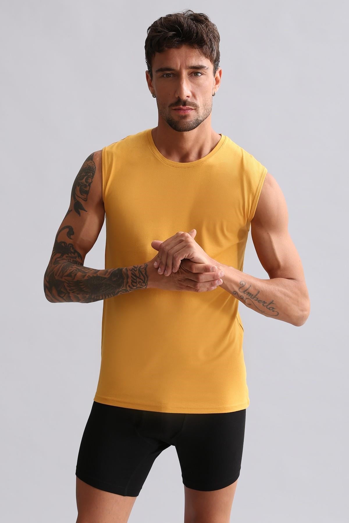 Mısırlı BAMBU HERCULES Slim Fit Bisiklet Yaka Sporcu Atlet / T-Shirt Hardal