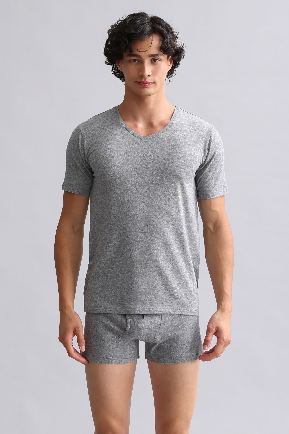 Mısırlı BAMBU HERCULES Slim Fit V Yaka Fanila Gri Melanj