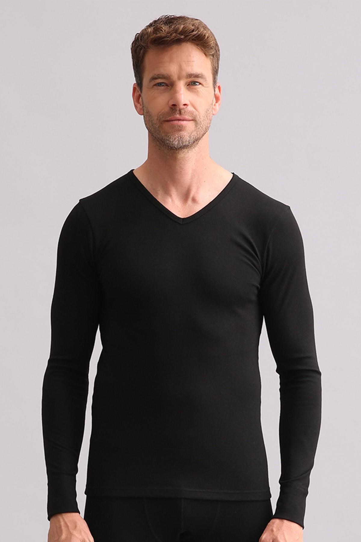 Mısırlı BAMBU TERMAL V Yaka Uzun Kollu Fanila / Sweatshirt Siyah