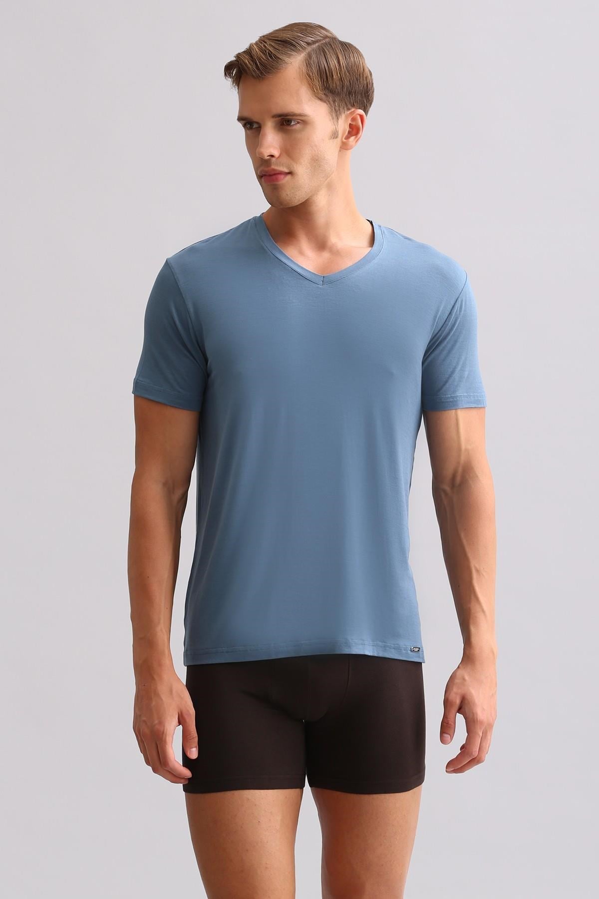Mısırlı BAMBU ZEUS LUXURY Regular Fit V Yaka Fanila / T-Shirt Gece Mavisi
